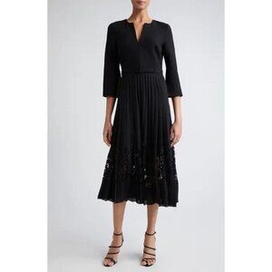 Oscar de la Renta Pleated Chiffon & Guipure Inset black Dress Size 2